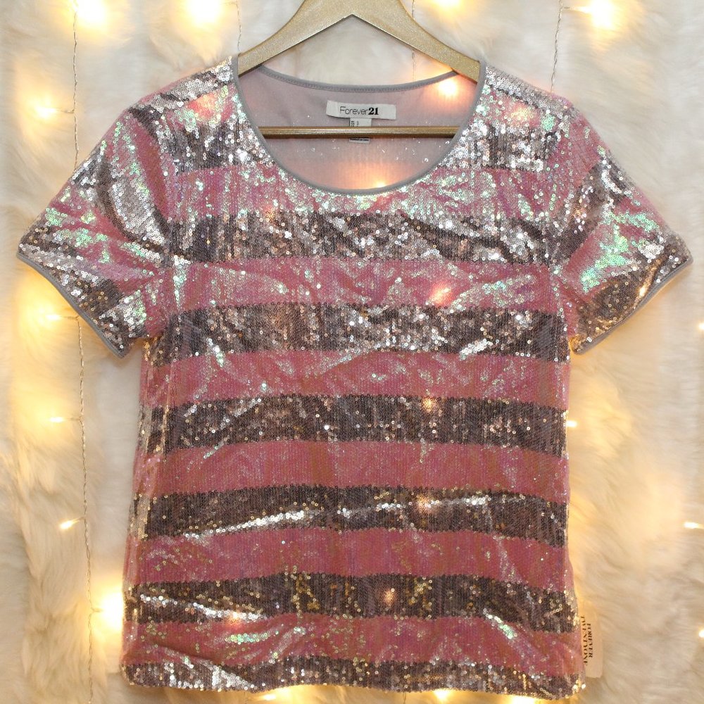 F21 Pink/Silver Sequin Striped Shirt Knit Top NWT